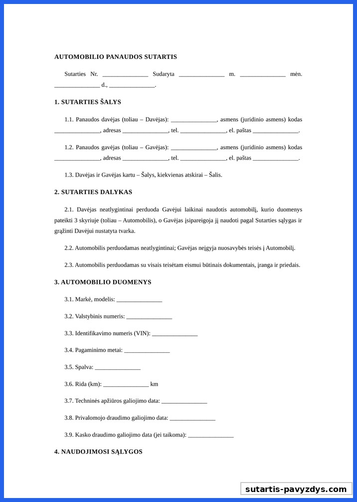 Automobilio Panaudos Sutartis Pavyzdys