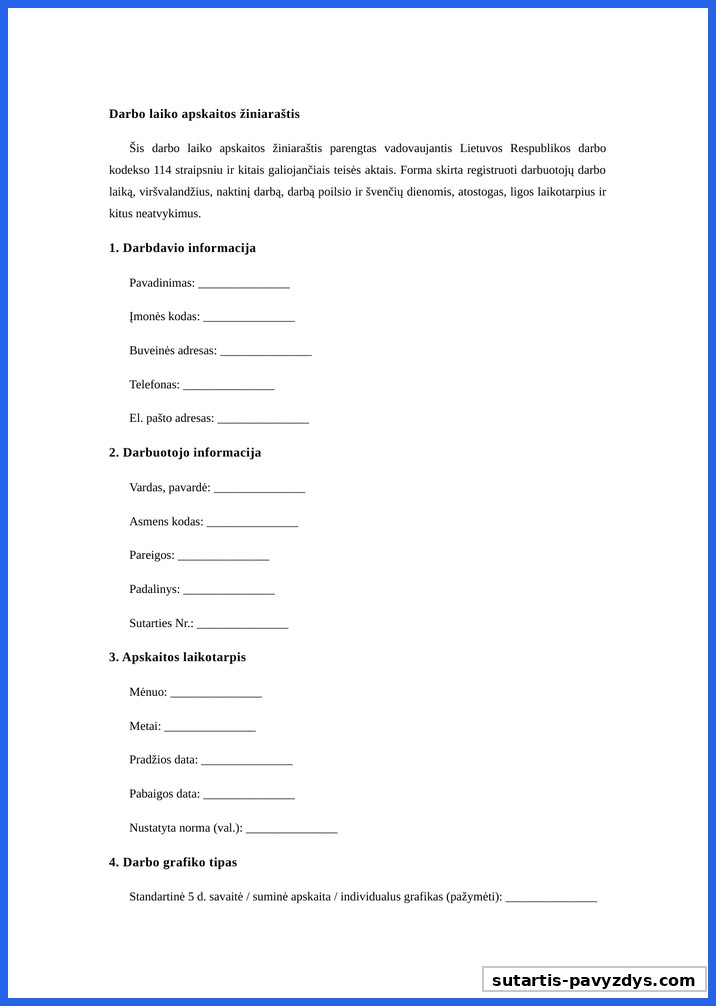 Darbo Laiko Apskaitos Žiniaraštis Pavyzdys