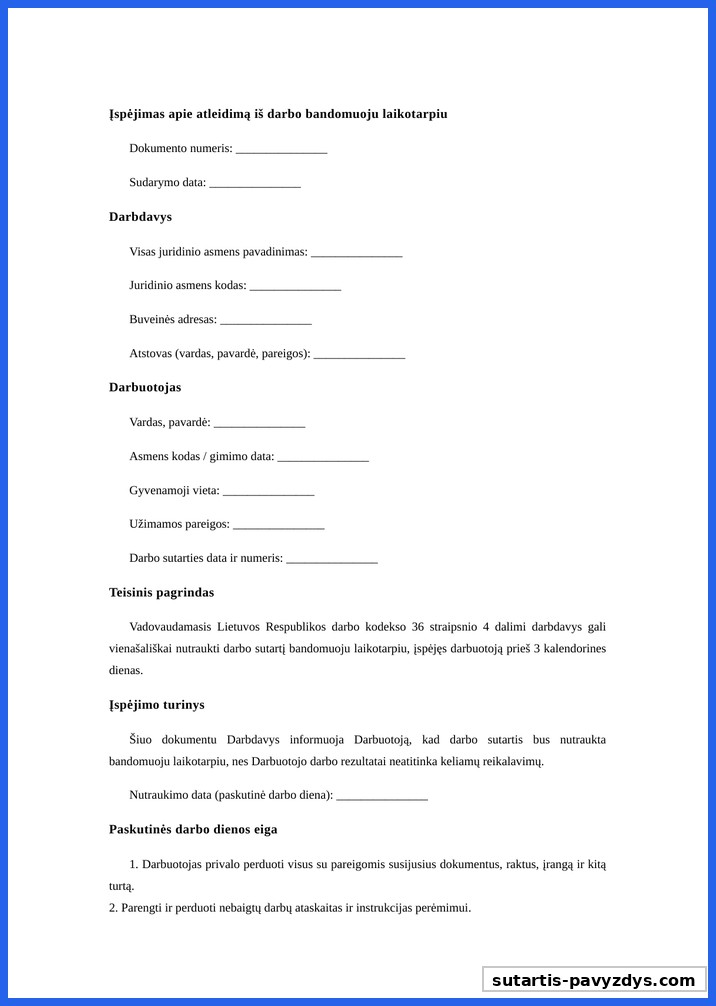 Įspėjimas Apie Atleidimą Iš Darbo Bandomuoju Laikotarpiu Pavyzdys