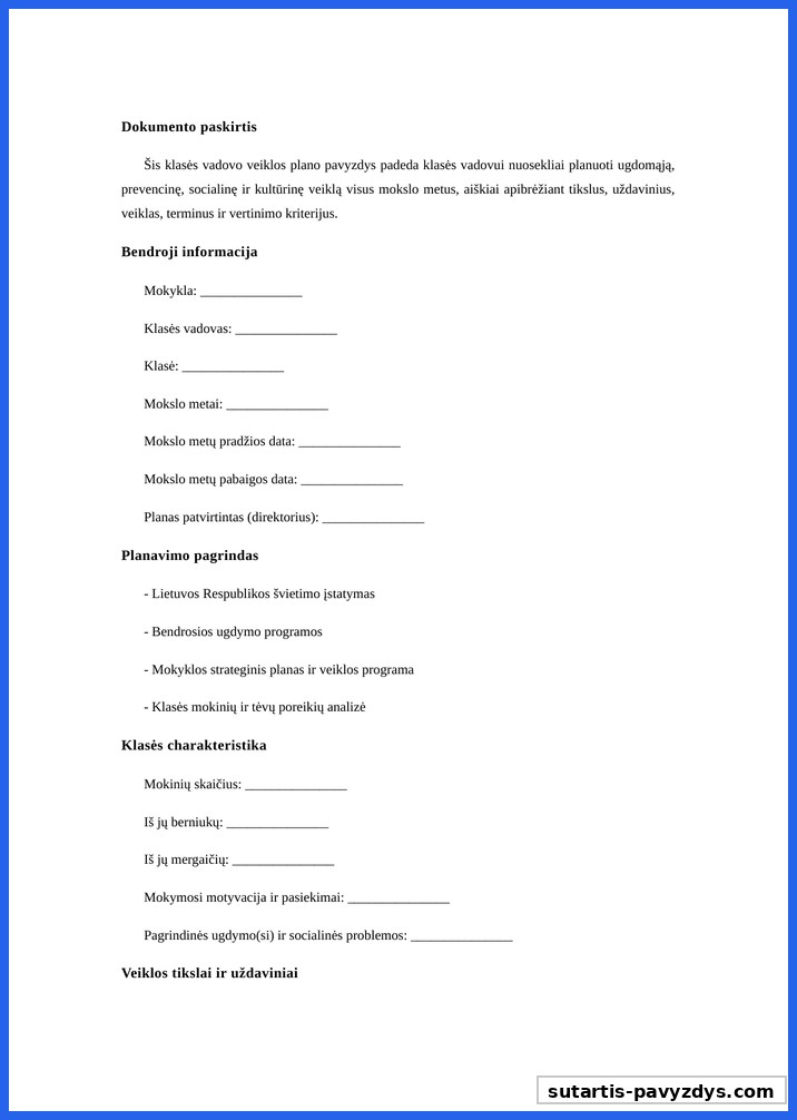 Klasės Vadovo Veiklos Planas Pavyzdys