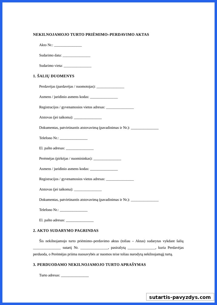 Nekilnojamo Turto Priėmimo Perdavimo Aktas Pavyzdys