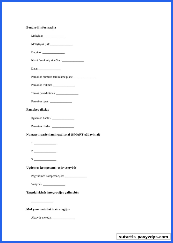 Plano Pavyzdys Pamokos Planas