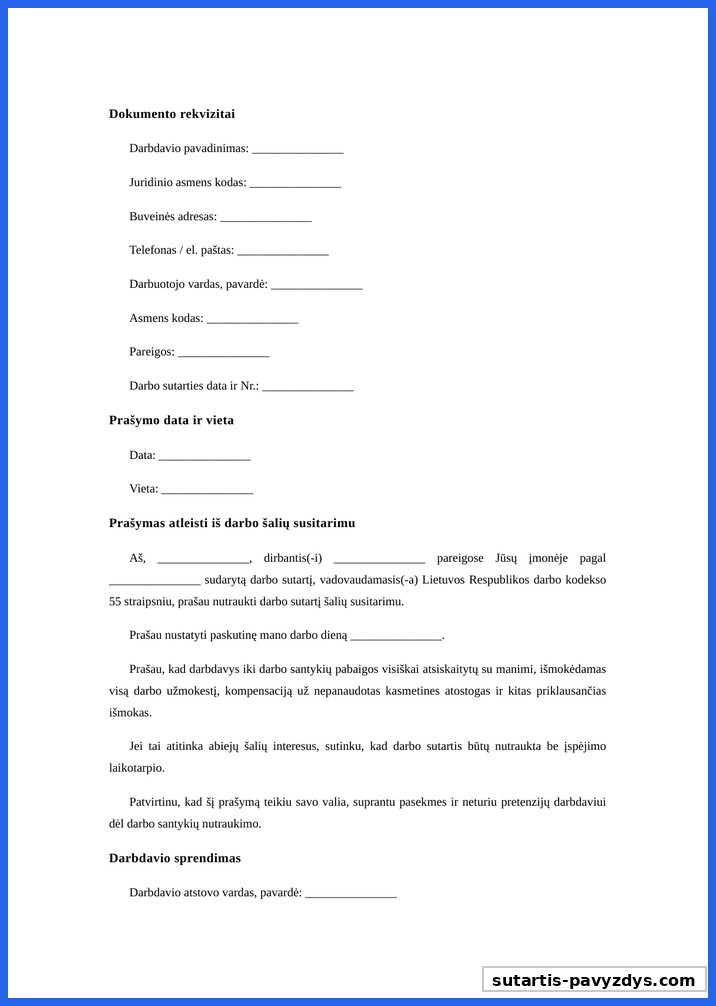 Prašymas Atleisti Iš Darbo Šalių Susitarimu Pavyzdys