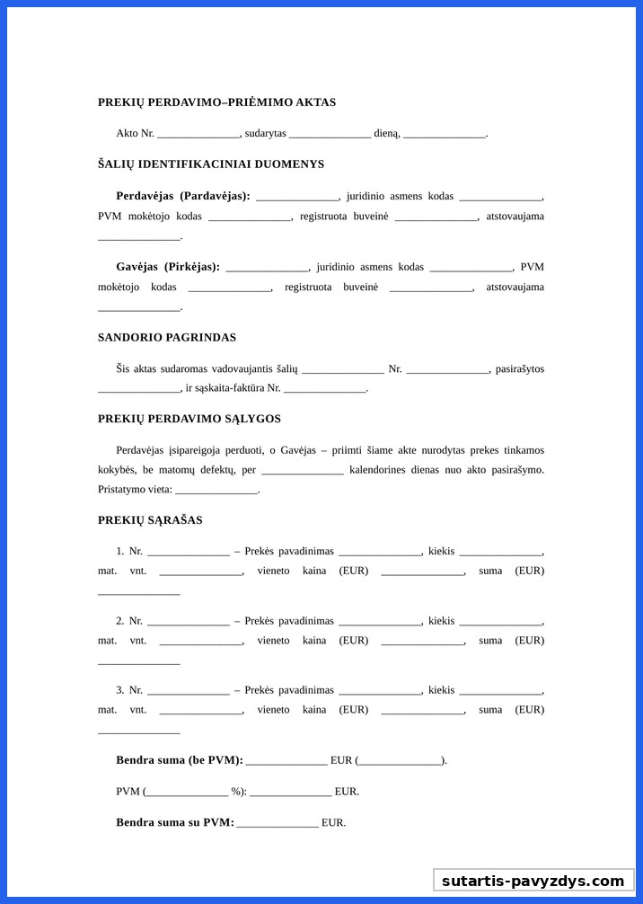 Prekių Perdavimo-Priėmimo Aktas Pavyzdys