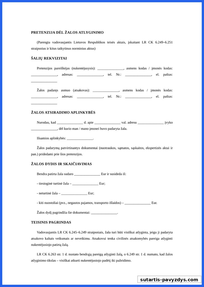 Pretenzija Dėl Žalos Atlyginimo Pavyzdys