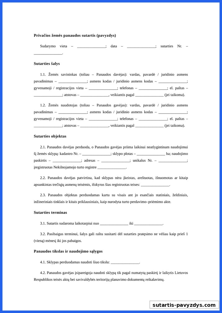 Privačios Žemės Panaudos Sutartis Pavyzdys