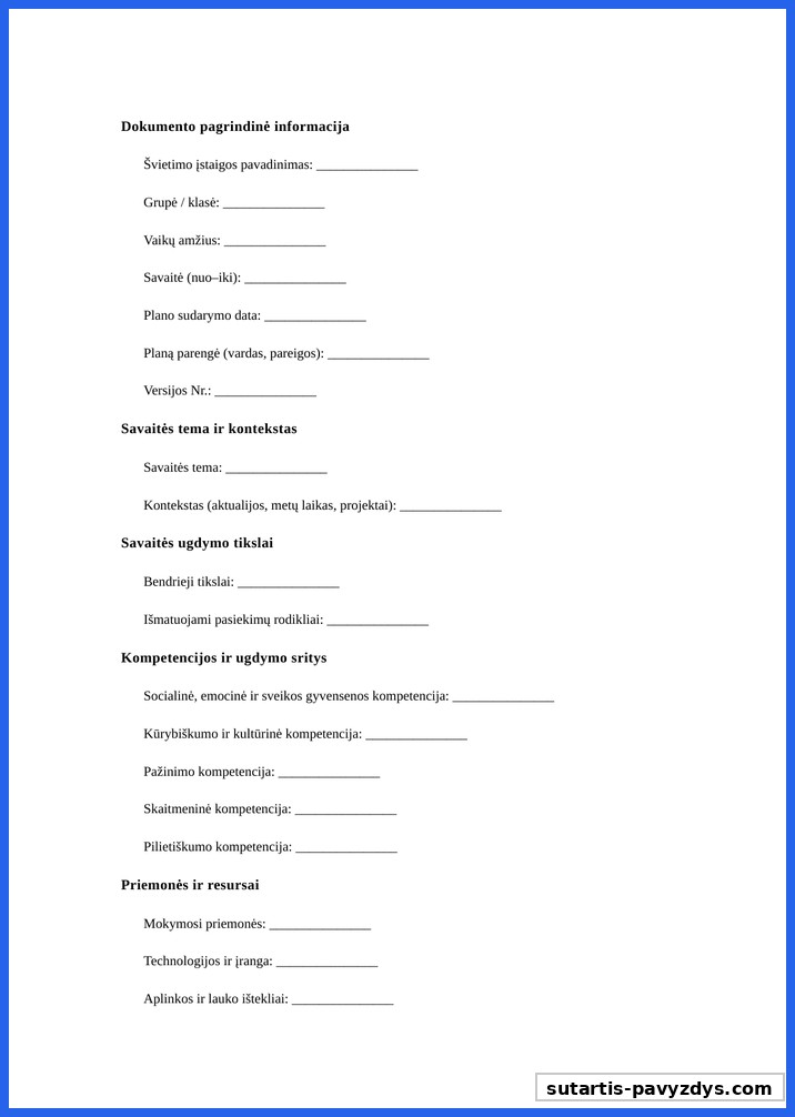 Ugdomosios Veiklos Savaitės Planas Pavyzdys